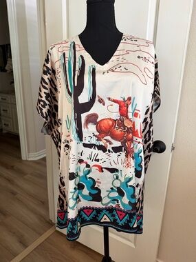 Express Women's Southwestern Graphic V-Neck Tunic - Cream, Teal, Brown, Black